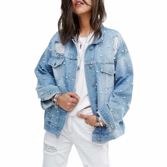 Free People Jackets & Blazers - Free People Sunday Funday Pearl Denim Jacket